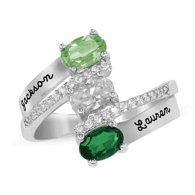 Mother's Oval Birthstone and Cubic Zirconia Engravable Double Row Bypass Ring by ArtCarved (3 Stones and 2 Lines)