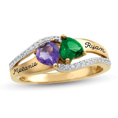 Couple's Heart-Shaped Birthstone and Cubic Zirconia Engravable Bypass Ring by ArtCarved (2 Stones and Lines)