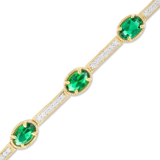 Oval Lab-Created Emerald and White Sapphire Station Bar Bracelet in Sterling Silver with 14K Gold Plate - 7.25"