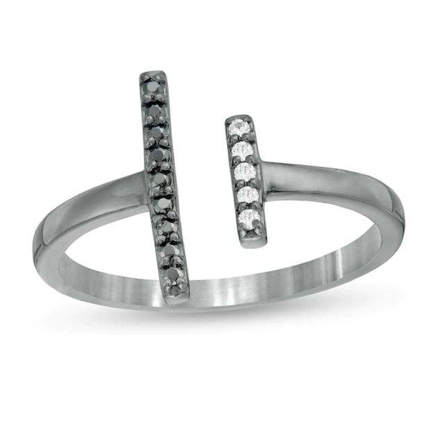 1/10 CT. T.w. Enhanced Black and White Diamond Double Bar Open Ring in Sterling Silver with Black Rhodium