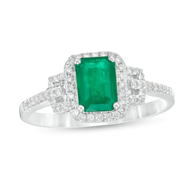 Emerald-Cut Emerald and 1/6 CT. T.w. Diamond Frame Collar Ring in 14K White Gold