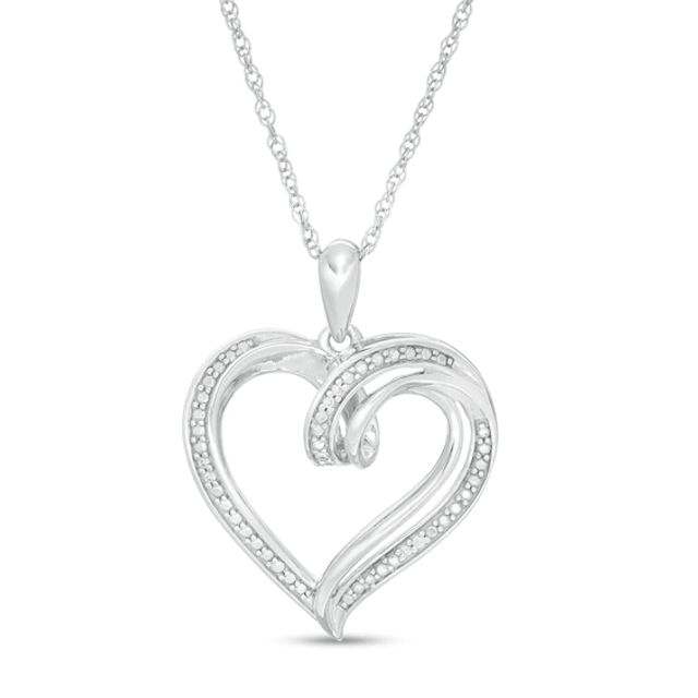 Diamond Accent Double Loop Ribbon Heart Pendant in Sterling Silver