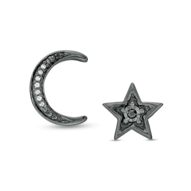Enhanced Black and White Diamond Accent Moon and Star Mismatch Stud Earrings in Sterling Silver with Black Rhodium