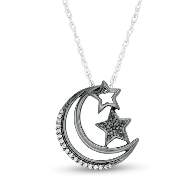 1/8 CT. T.w. Enhanced Black and White Diamond Crescent Moon and Stars Pendant in Sterling Silver with Black Rhodium