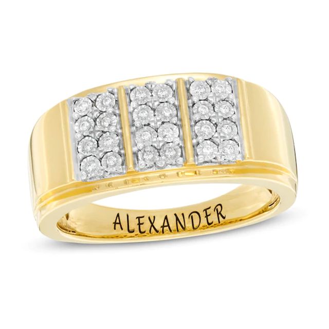 Men's 1/10 CT. T.w. Diamond Engravable Double Row Vertical Trio Ring in Sterling Silver with 14K Gold Plate (1 Line)