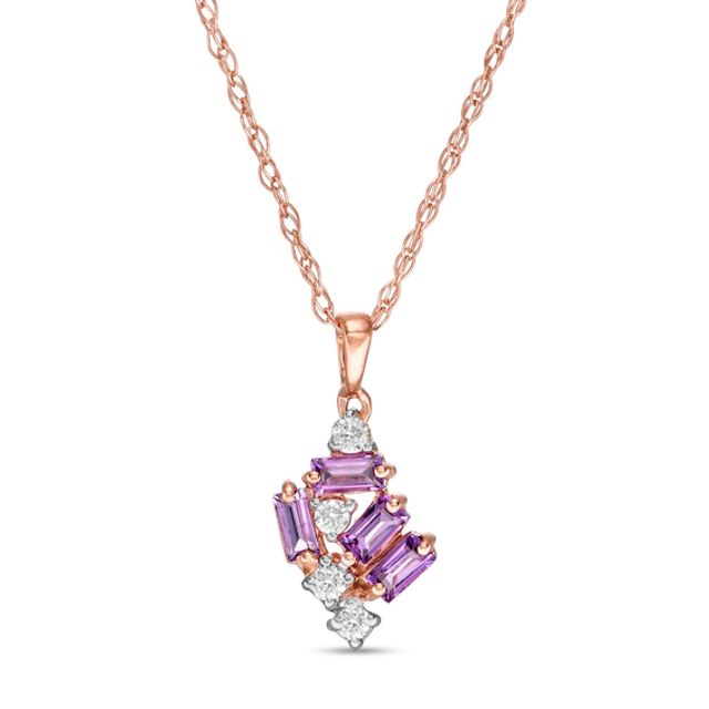 Baguette-Cut Amethyst and Diamond Accent Cluster Pendant in 10K Rose Gold