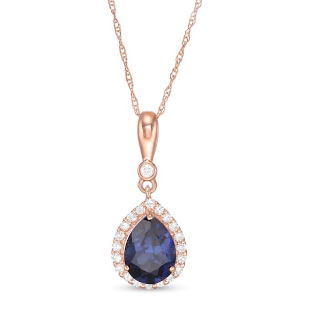 Pear-Shaped Lab-Created Blue Sapphire and 1/10 CT. T.w. Diamond Frame Pendant in 10K Rose Gold
