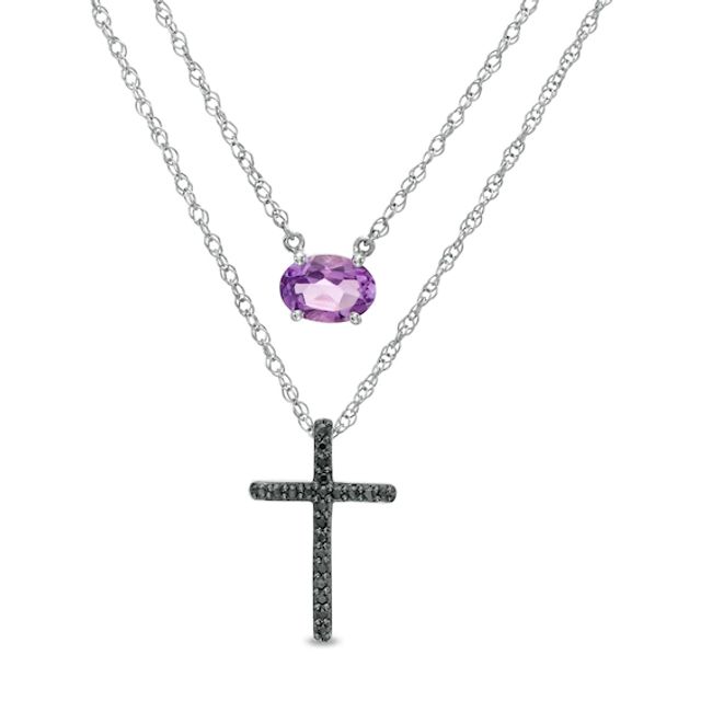 Oval Amethyst and 1/10 CT. T.w. Black Diamond Cross Double Strand Necklace in Sterling Silver