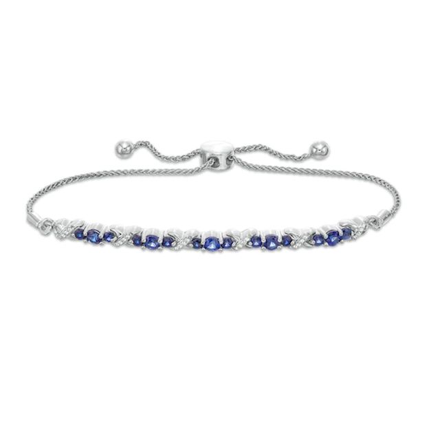 Lab-Created Blue Sapphire and 1/15 CT. T.w. Diamond Three Stone "X" and "O" Bolo Bracelet in Sterling Silver - 9.5"