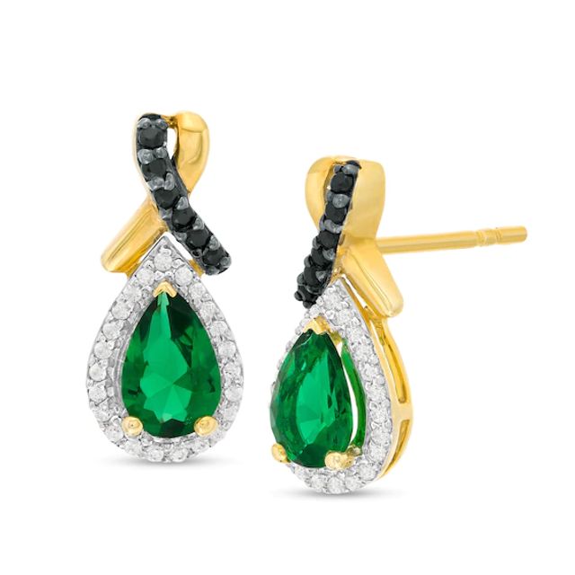 Lab-Created Emerald and 1/8 CT. T.w. Enhanced Black and White Diamond Drop Earrings in Sterling Silver with 14K GP