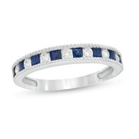 Princess-Cut Blue Sapphire and 1/5 CT. T.w. Diamond Milgrain Border Alternating Geometric Band in 14K White Gold