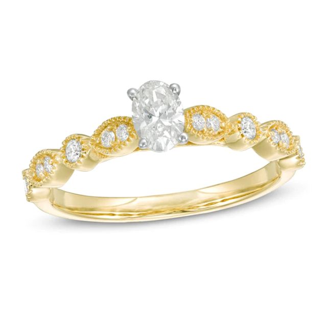 1/2 CT. T.w. Oval Diamond with Marquise Shapes Vintage-Style Engagement Ring in 10K Gold