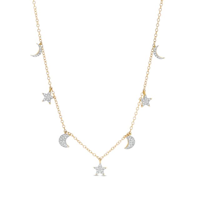 1/6 CT. T.w. Diamond Crescent Moon and Star Station Necklace in 10K Gold - 19"