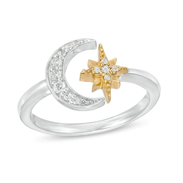 1/6 CT. T.w. Diamond Crescent Moon and Star Open Ring in Sterling Silver and 10K Gold