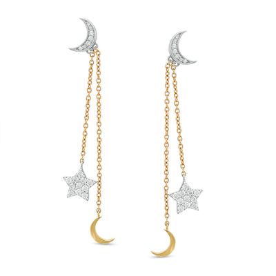 1/4 CT. T.w. Diamond Crescent Moon and Star Drop Earrings in Sterling Silver and 10K Gold