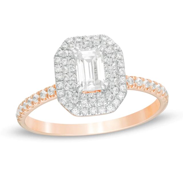 3/4 CT. T.w. Emerald-Cut Diamond Double Octagonal Frame Engagement Ring in 14K Rose Gold