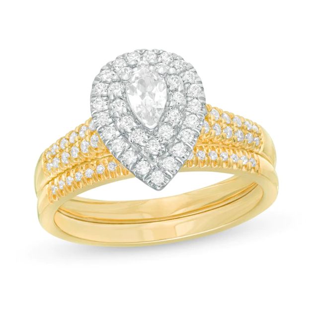 3/4 CT. T.w. Pear-Shaped Diamond Double Frame Bridal Set in 14K Gold