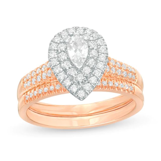 3/4 CT. T.w. Pear-Shaped Diamond Double Frame Bridal Set in 14K Rose Gold