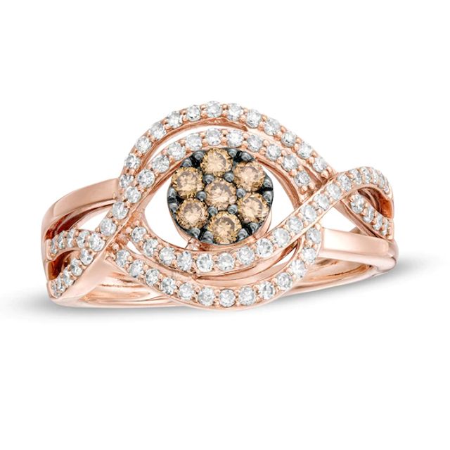 1/2 CT. T.w. Champagne and White Diamond Multi-Row Crossover Ring in 10K Rose Gold