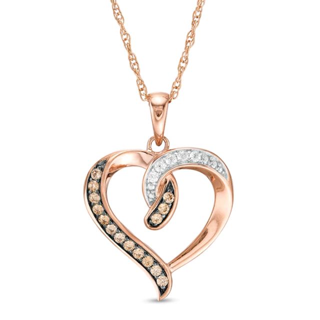 1/5 CT. T.w. Champagne and White Diamond Twist Heart Pendant in 10K Rose Gold