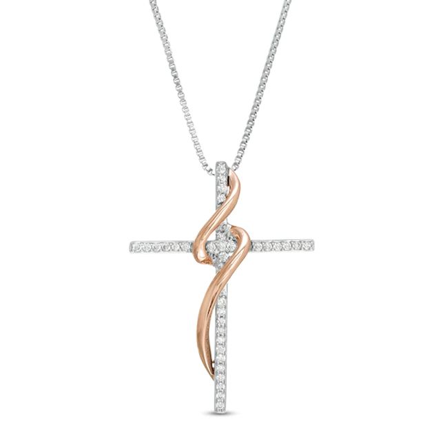 1/10 CT. T.w. Diamond Cross Ribbon Pendant in Sterling Silver and 10K Rose Gold