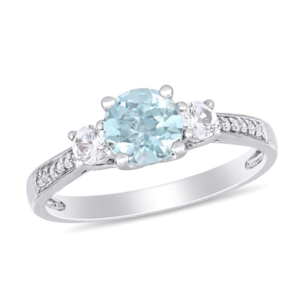 6.0mm Aquamarine, Lab-Created White Sapphire and 1/20 CT. T.w. Diamond Three Stone Engagement Ring in 10K White Gold