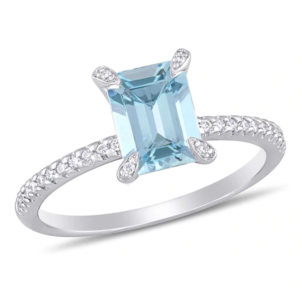 Emerald-Cut Aquamarine and 1/10 CT. T.w. Diamond Prong Engagement Ring in 14K White Gold