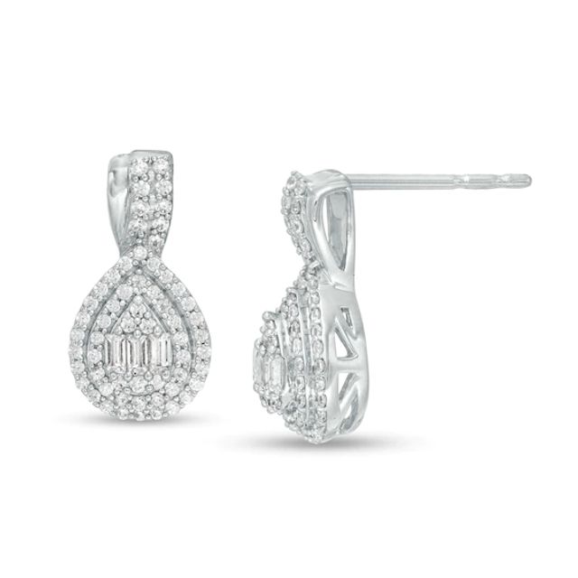 1/3 CT. T.w. Baguette and Round Composite Diamond Pear-Shaped Frame Drop Earrings in 10K White Gold