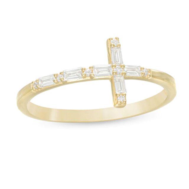 1/6 CT. T.w. Baguette and Round Diamond Sideways Cross Ring in 10K Gold