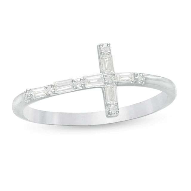 1/6 CT. T.w. Baguette and Round Diamond Sideways Cross Ring in 10K White Gold