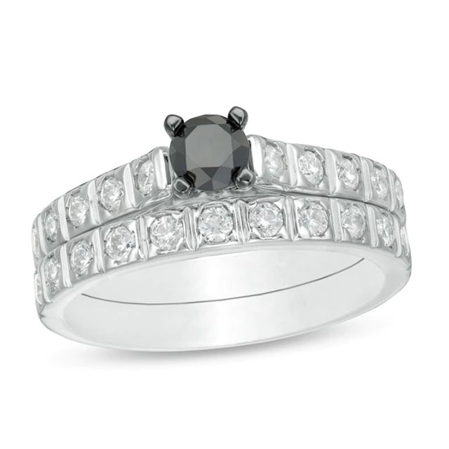 1 CT. T.w. Enhanced Black and White Diamond Bridal Set in 10K White Gold