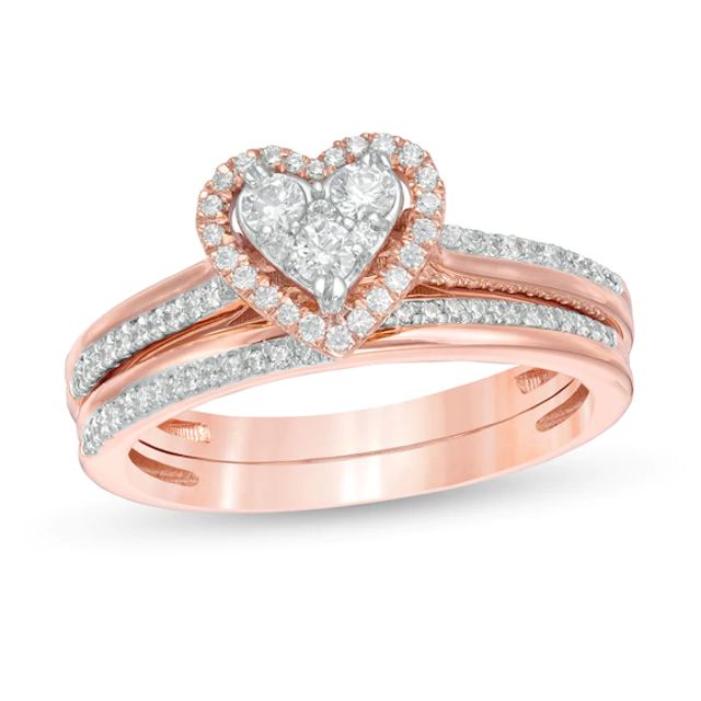 1/2 CT. T.w. Composite Diamond Heart-Shaped Frame Bridal Set in 10K Rose Gold