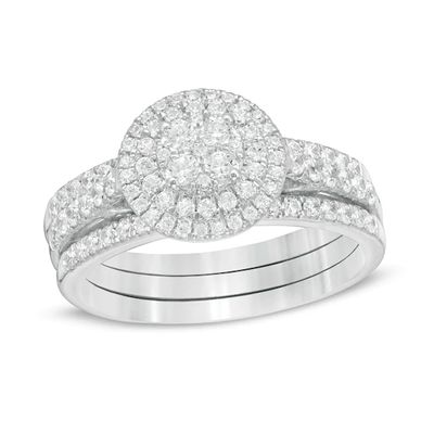 1 CT. T.w. Composite Diamond Double Frame Vintage-Style Three Piece Bridal Set in 10K White Gold