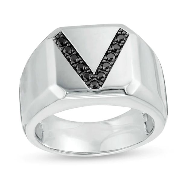 Vera Wang Men 1/5 CT. T.w. Black Diamond "V" Bevelled Edge Signet Ring in Sterling Silver