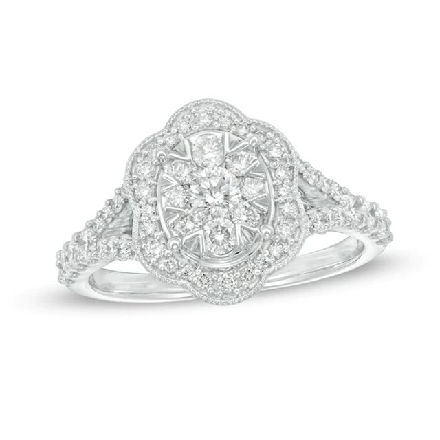 1 CT. T.w. Diamond Oval Scallop Frame Split Shank Vintage-Style Engagement Ring in 14K White Gold