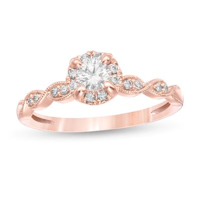1/2 CT. T.w. Diamond Frame Scallop-Edge Vintage-Style Engagement Ring in 14K Rose Gold