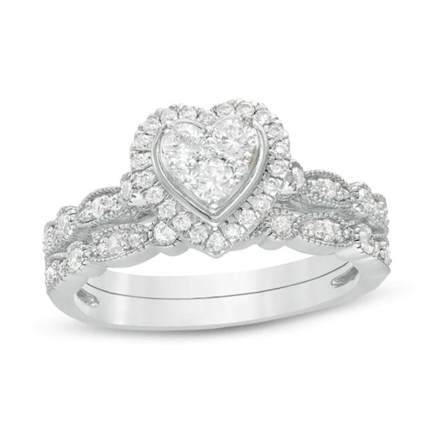 1/2 CT. T.w. Multi-Diamond Heart Frame Alternating Marquise Vintage-Style Bridal Set in 10K Gold