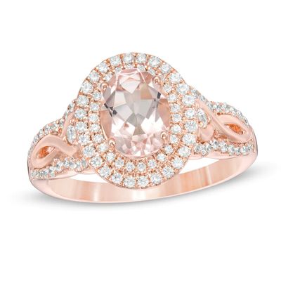 Oval Morganite and 1/2 CT. T.w. Diamond Double Frame Split Shank Ring in 10K Rose Gold