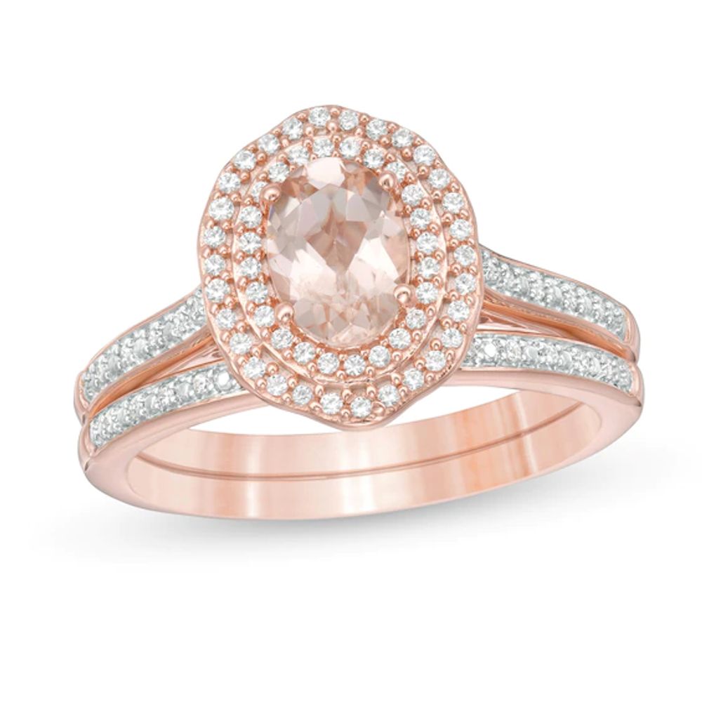 Oval Morganite and 1/4 CT. T.w. diamond Double Frame Floral Bridal Set in 10K Rose Gold