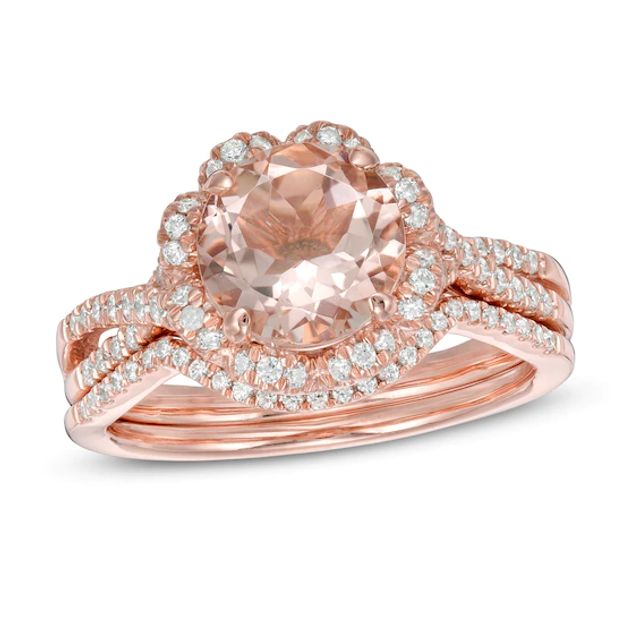 8.0mm Morganite and 3/8 CT. T.w. Diamond Frame Twist Shank Floral Bridal Set in 10K Rose Gold