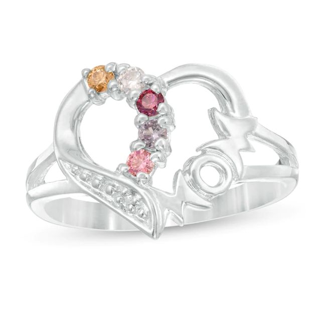 Mother's Birthstone and Diamond Accent Beaded Loop Mom Heart Outline Ring (3-7 Stones)