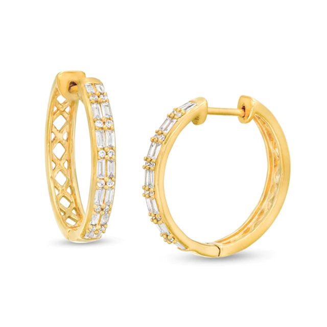 1/3 CT. T.w. Baguette and Round Diamond Hoop Earrings in 10K Gold