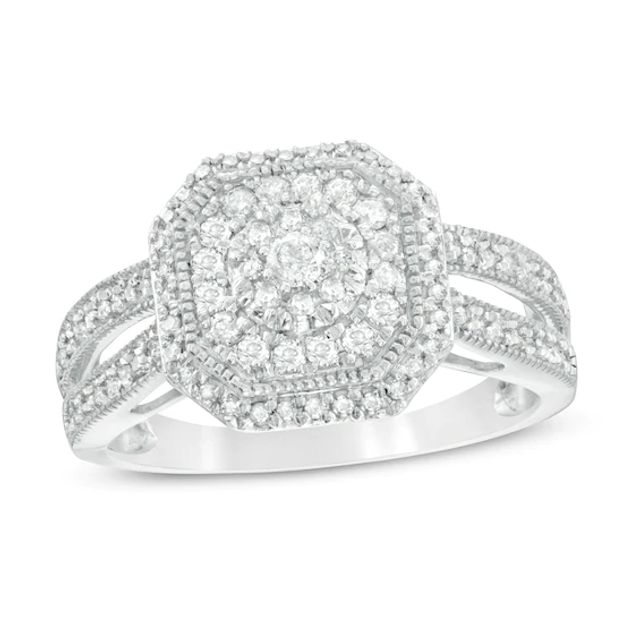 1/2 CT. T.w. Composite Diamond Octagonal Frame Vintage-Style Split Shank Engagement Ring in 10K White Gold