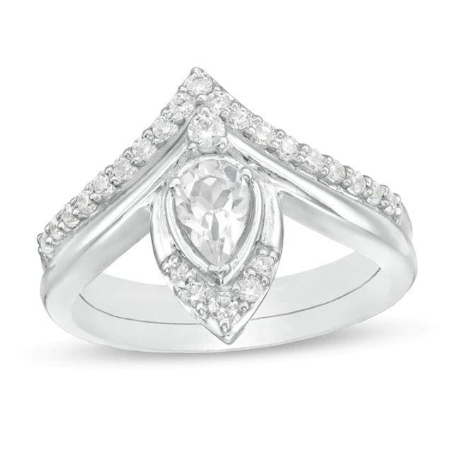 Pear-Shaped Lab-Created White Sapphire and 1/3 CT. T.w. Diamond Chevron Bridal Set in 10K White Gold