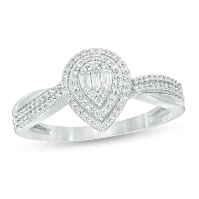 1/3 CT. T.w. Baguette and Round Diamond Double Pear-Shaped Frame Crossover Ring in 10K White Gold