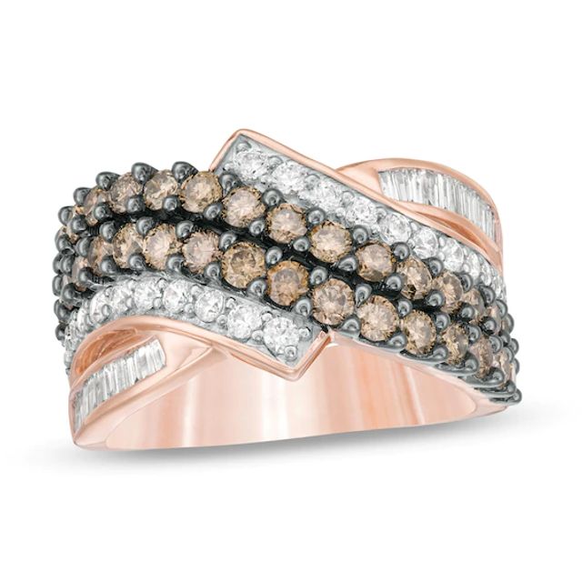 2 CT. T.w. Champagne and White Diamond Multi-Row Crossover Ring in 10K Rose Gold