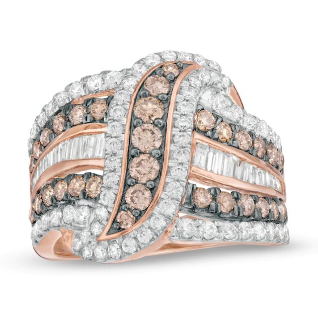 2 CT. T.w. Champagne and White Diamond Multi-Row Crossover Ring in 10K Rose Gold