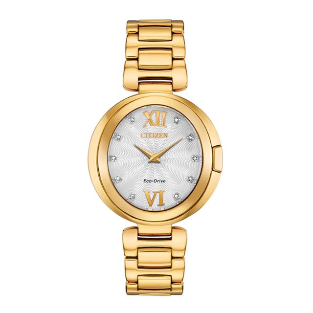 Ladies' Citizen Eco-DriveÂ® Capella Diamond Accent Gold-Tone Watch with Silver-Tone Dial (Model: Ex1512-53A)