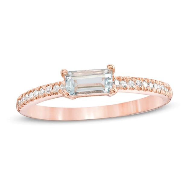 Sideways Baguette Aquamarine and 1/10 CT. T.w. Diamond Stackable Ring in 10K Rose Gold