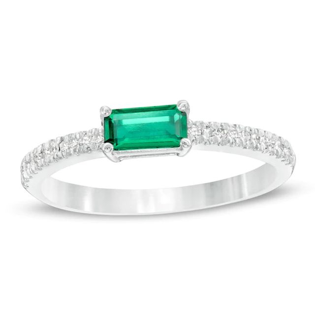 Sideways Baguette Lab-Created Emerald and 1/10 CT. T.w. Diamond Stackable Ring in 10K White Gold